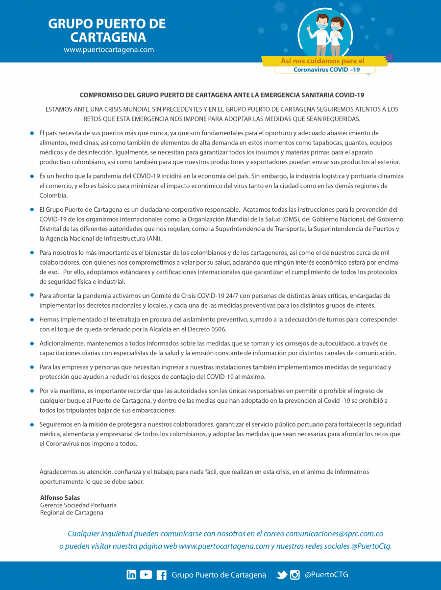 Compromiso del Grupo Puerto de Cartagena ante la emergencia sanitaria COVID-19